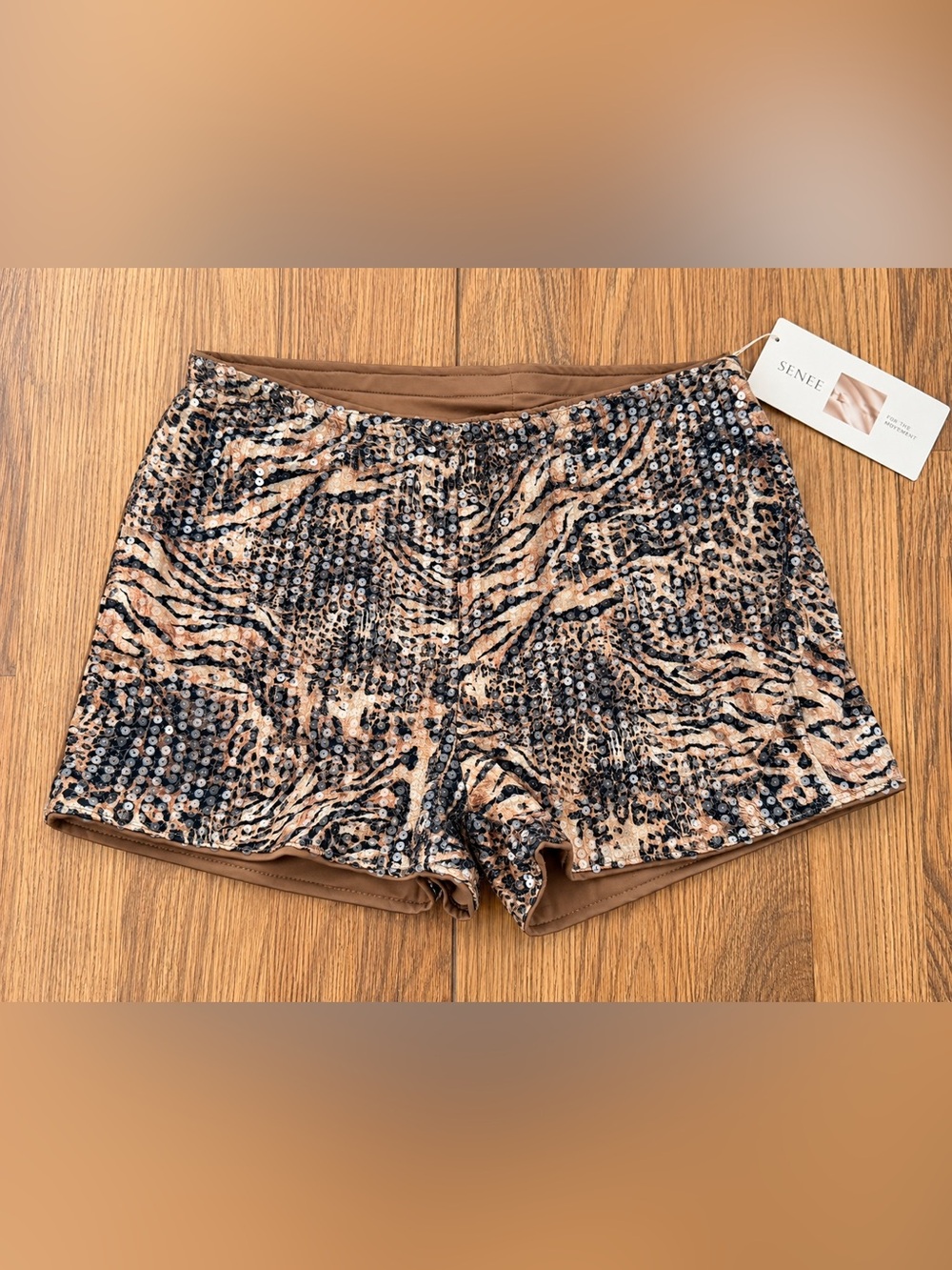 Sequin Animal Print Women’s Shorts - Tan/Black
